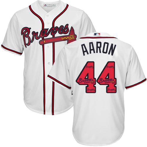 Braves #44 Hank Aaron White Team Logo Fashion Stitched MLB Jersey - Click Image to Close